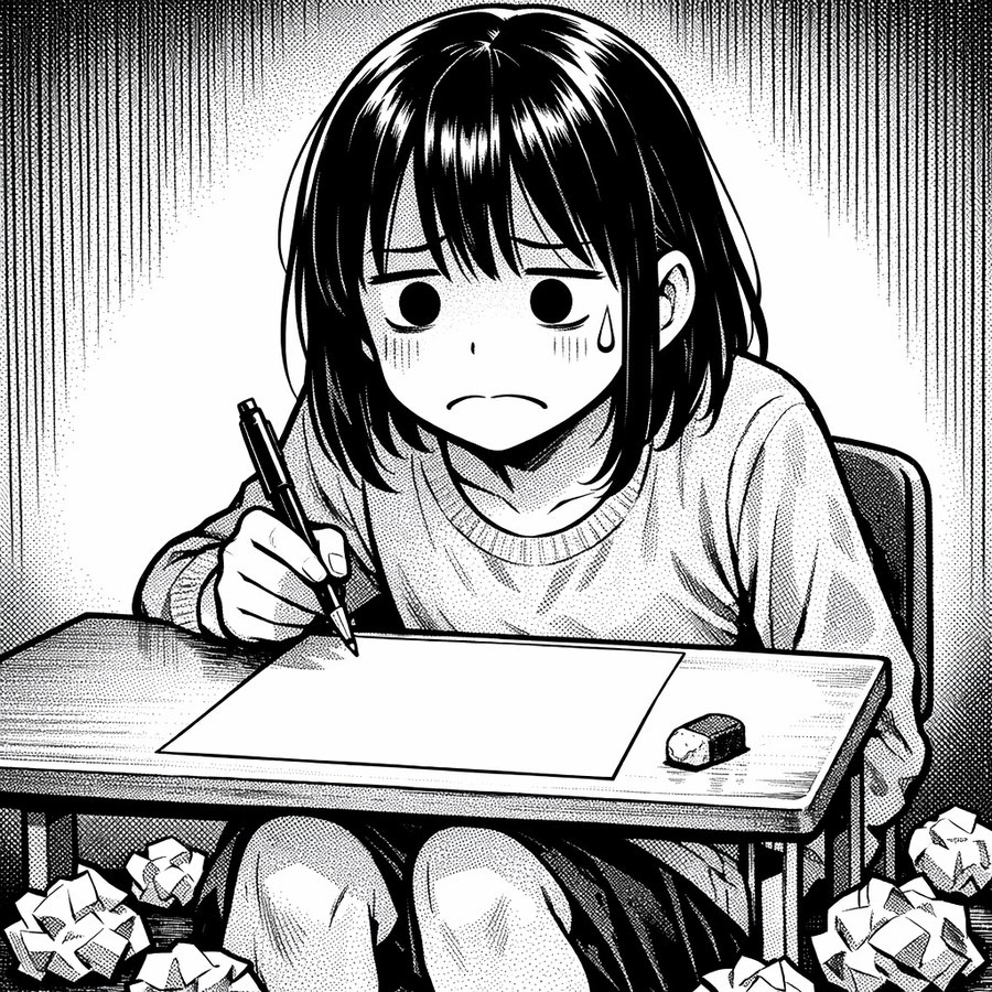 白紙の履歴書を前に、ペンを持ったまま固まっている女性