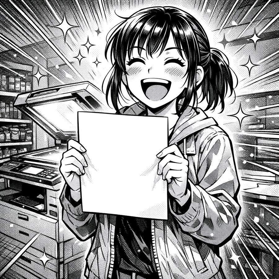 コンビニのコピー機の前で、刷り上がった紙を掲げて喜んでいる女性
