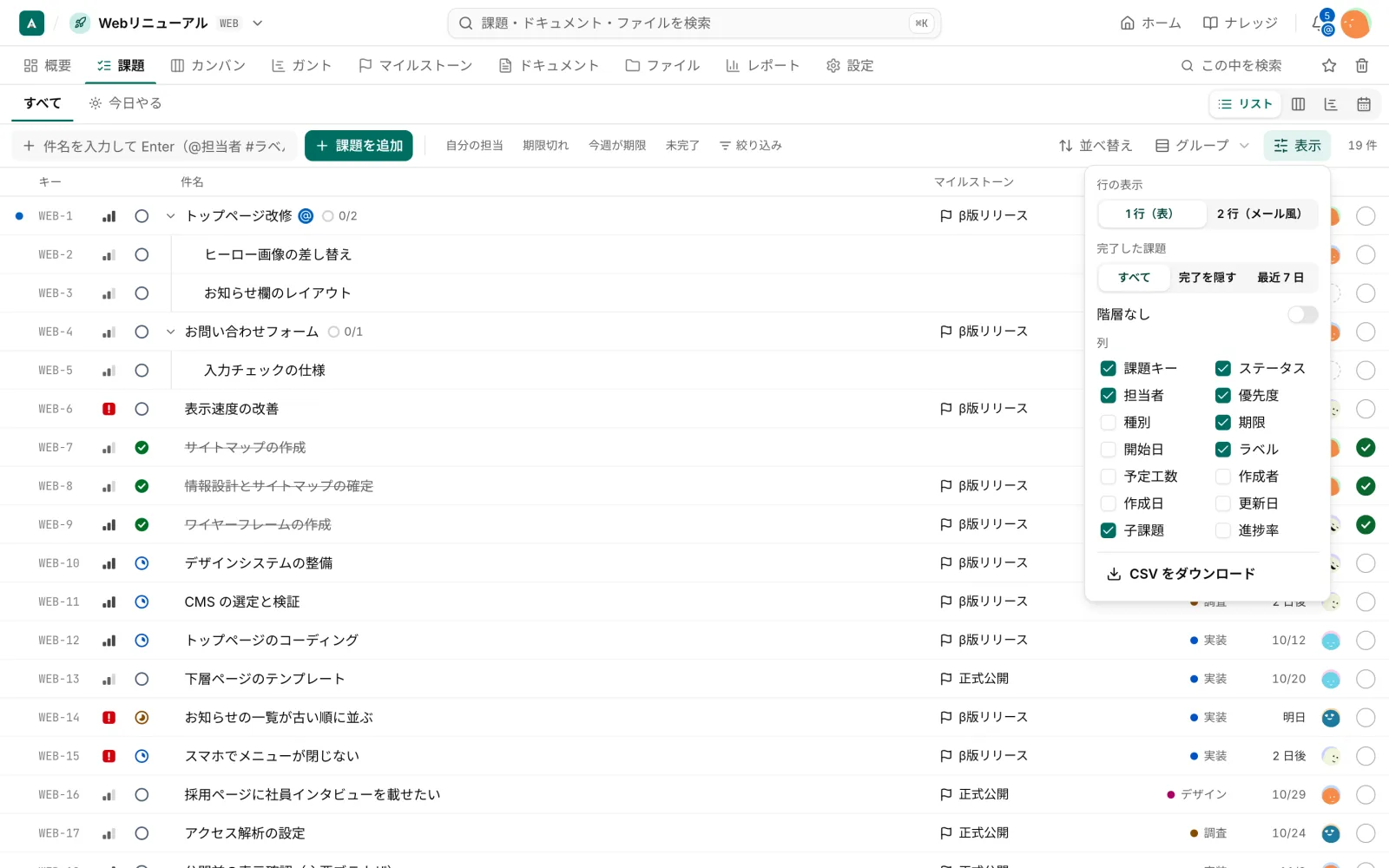 「表示」のメニュー。行の表示、完了した課題、階層なしのスイッチ、列のチェック、CSV をダウンロードがある