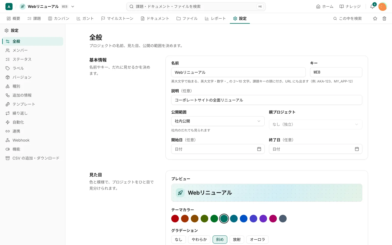 プロジェクトの設定の「全般」画面。基本情報と見た目の欄がある