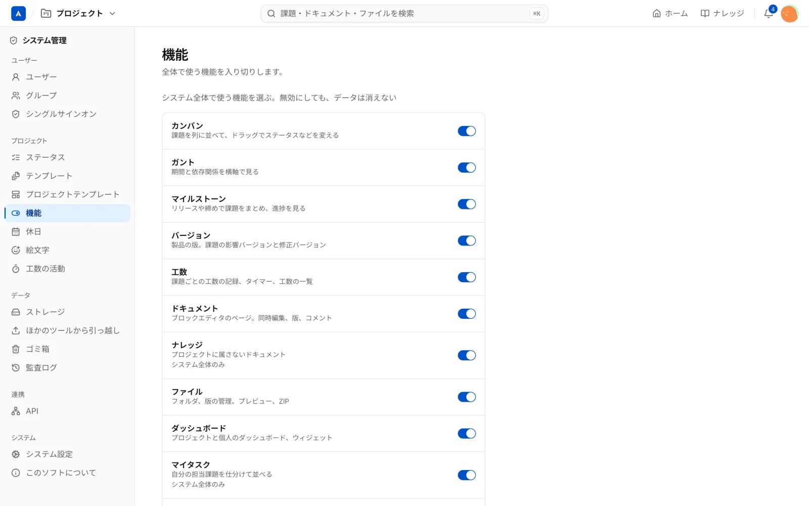 機能の画面。カンバン、ガント、マイルストーンなどにスイッチが並ぶ