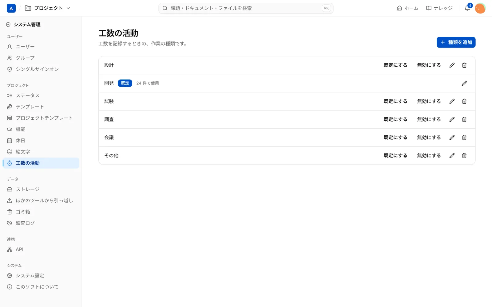 工数の活動の画面。設計、開発、試験、調査、会議、その他が並び、開発に「既定」のバッジが付く