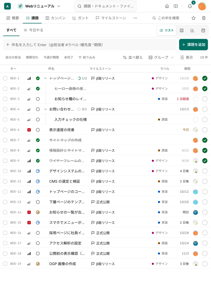 タブレットの課題の一覧