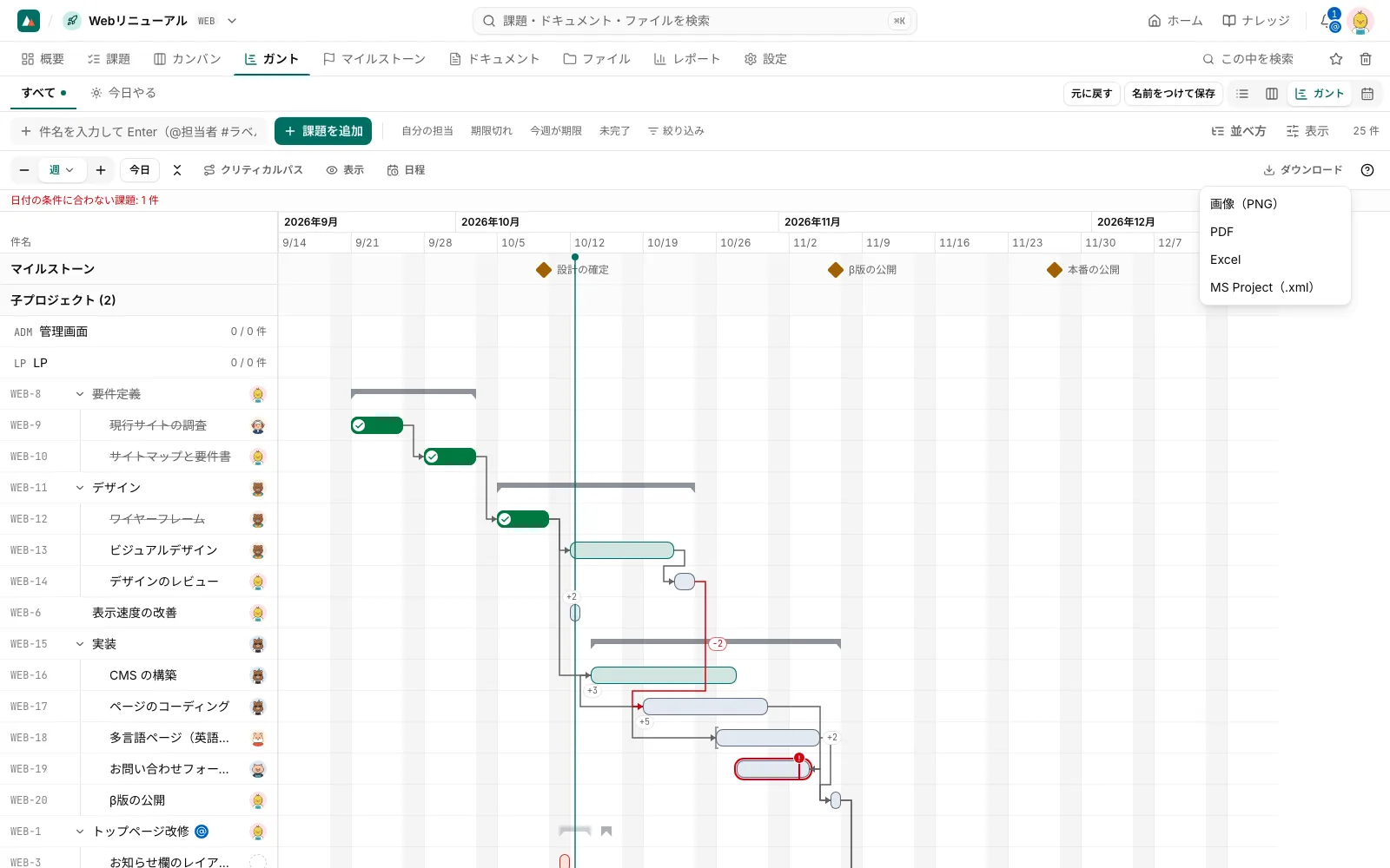 ガントの「ダウンロード」のメニュー。画像・PDF・Excel・MS Project(.xml)