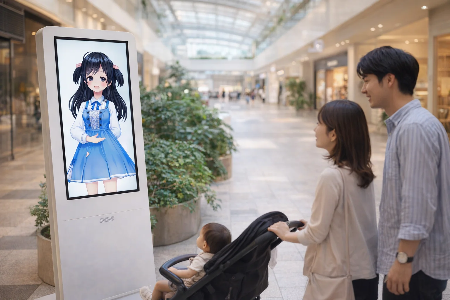 ショッピングモールでAnimaBoxに話しかける親子