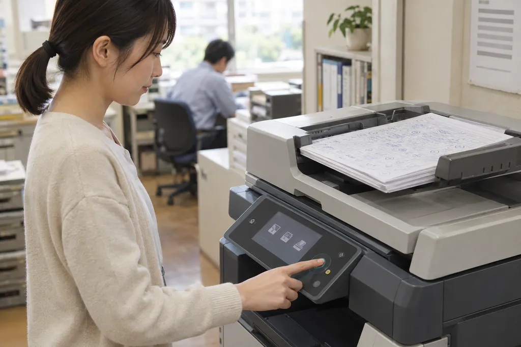 手書きの点検表の束を複合機にセットする事務員