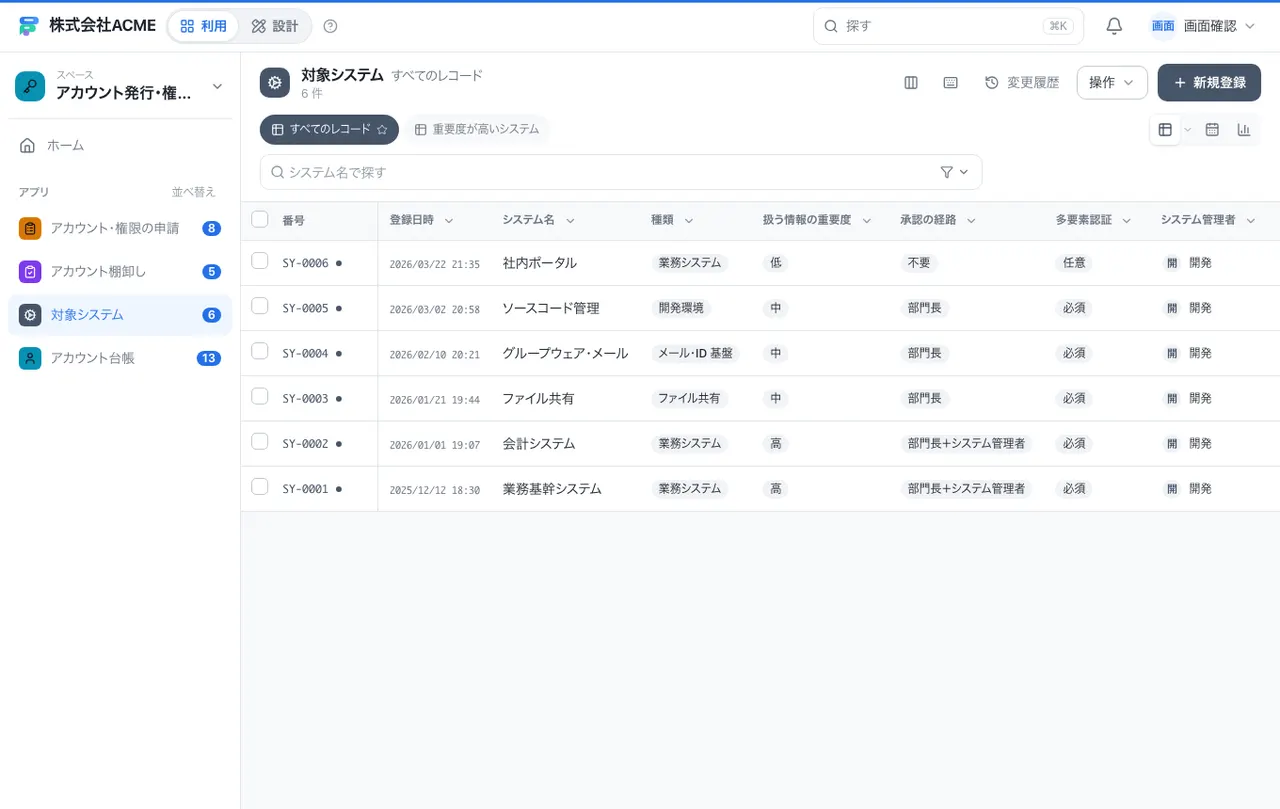 アカウント発行・権限申請：一覧画面（絞り込み・並べ替え）