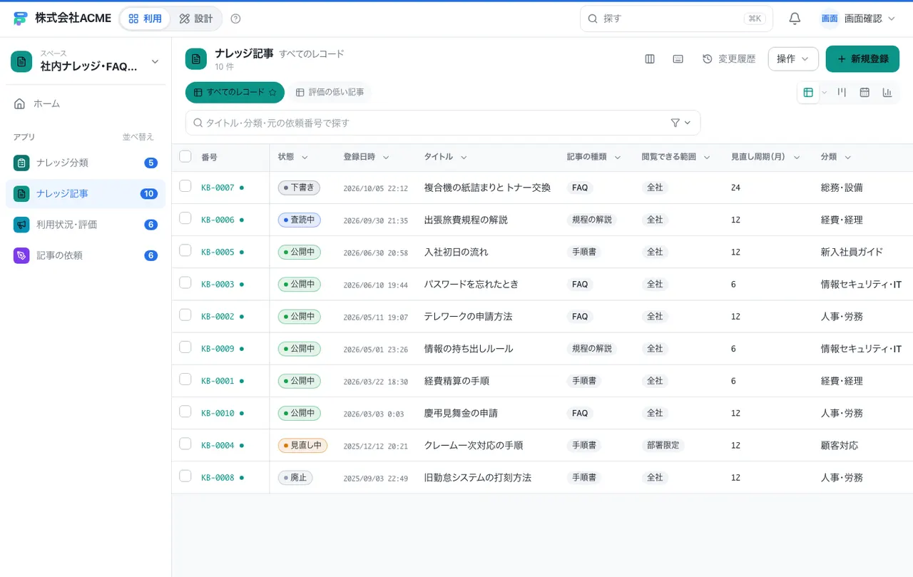 社内ナレッジ・FAQの管理：別の台帳の一覧画面