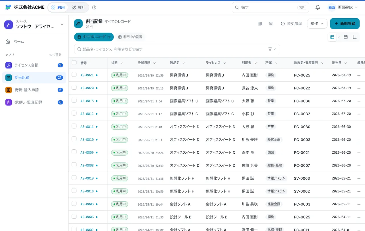 ソフトウェアライセンス管理：別の台帳の一覧画面