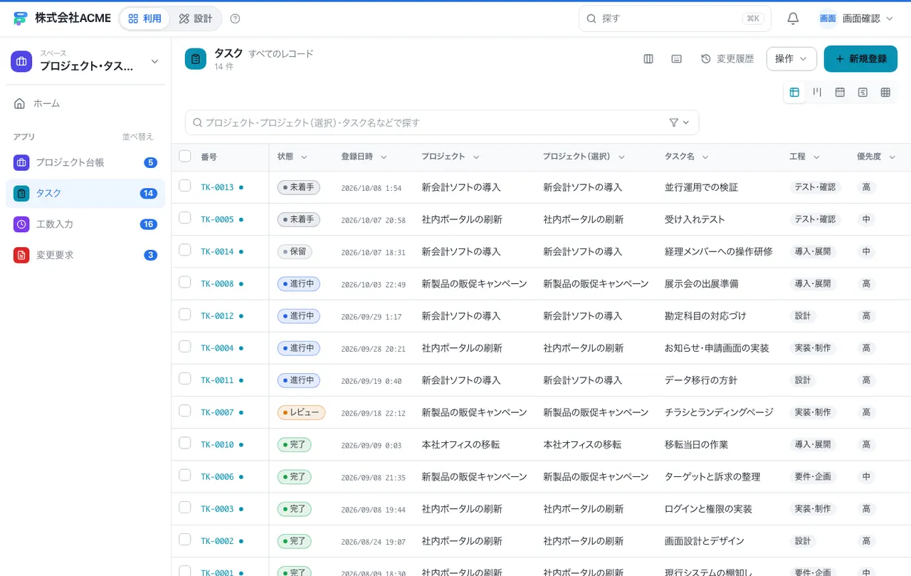 プロジェクト・タスクの管理：別の台帳の一覧画面