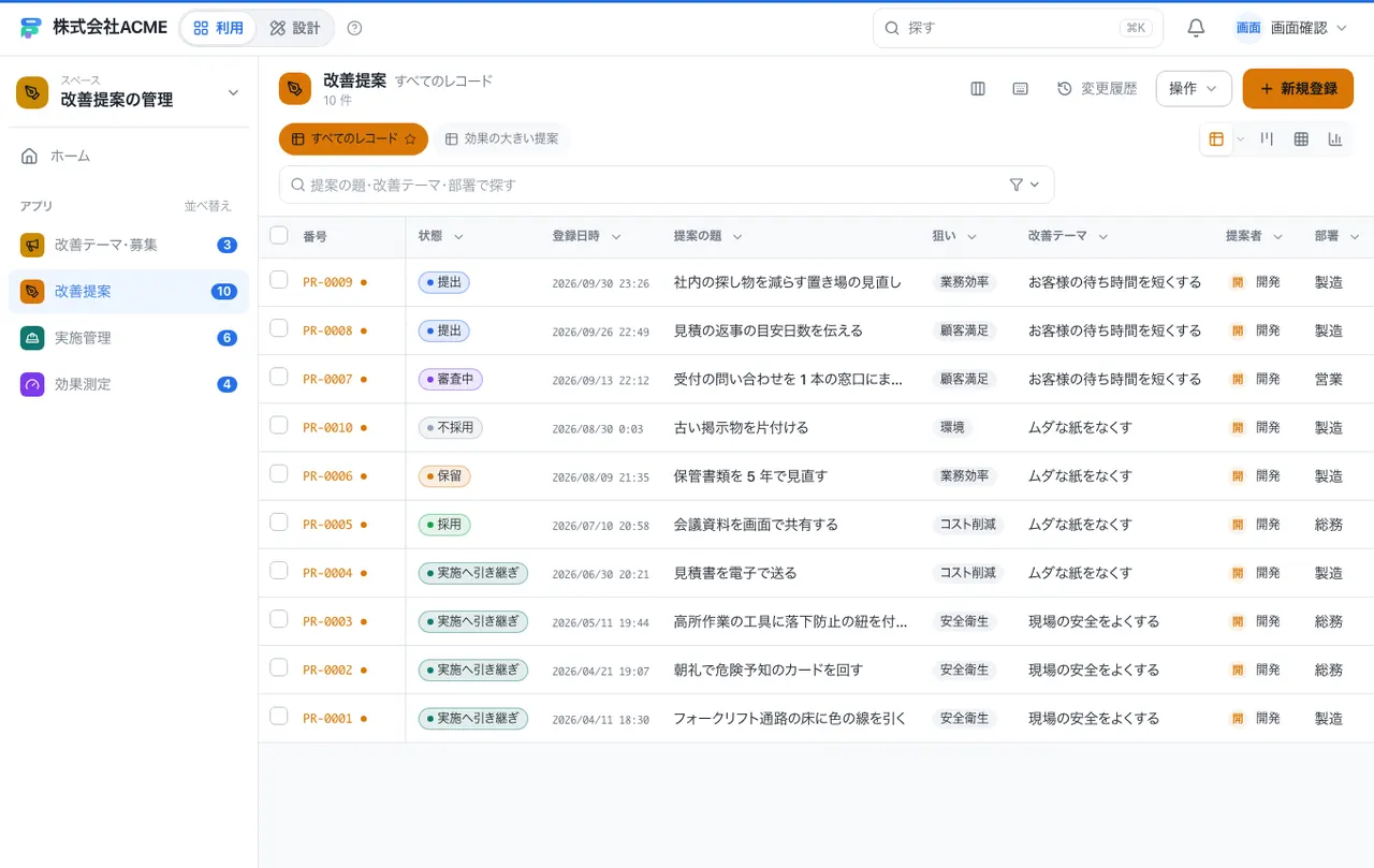改善提案の管理：別の台帳の一覧画面