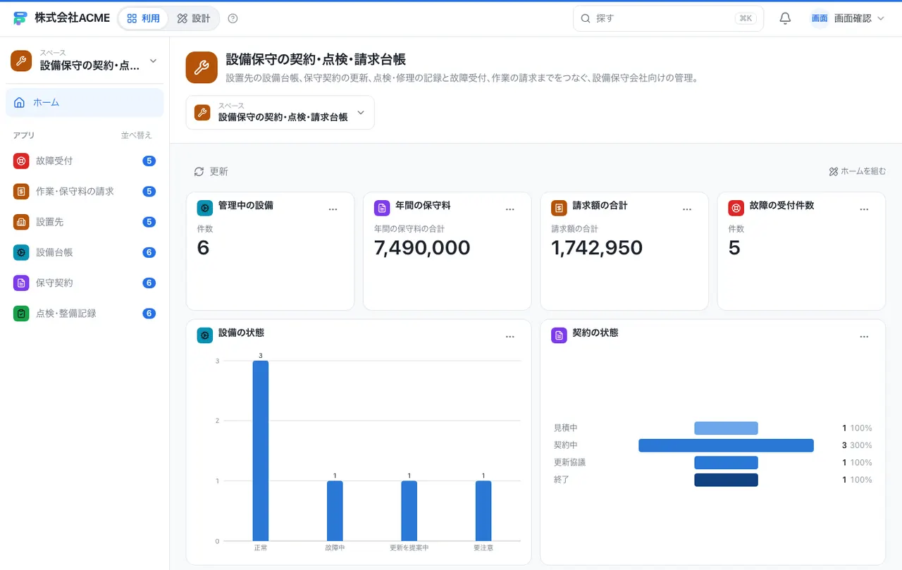 設備保守の契約・点検・請求台帳：ホーム画面（件数・グラフ・ショートカット）