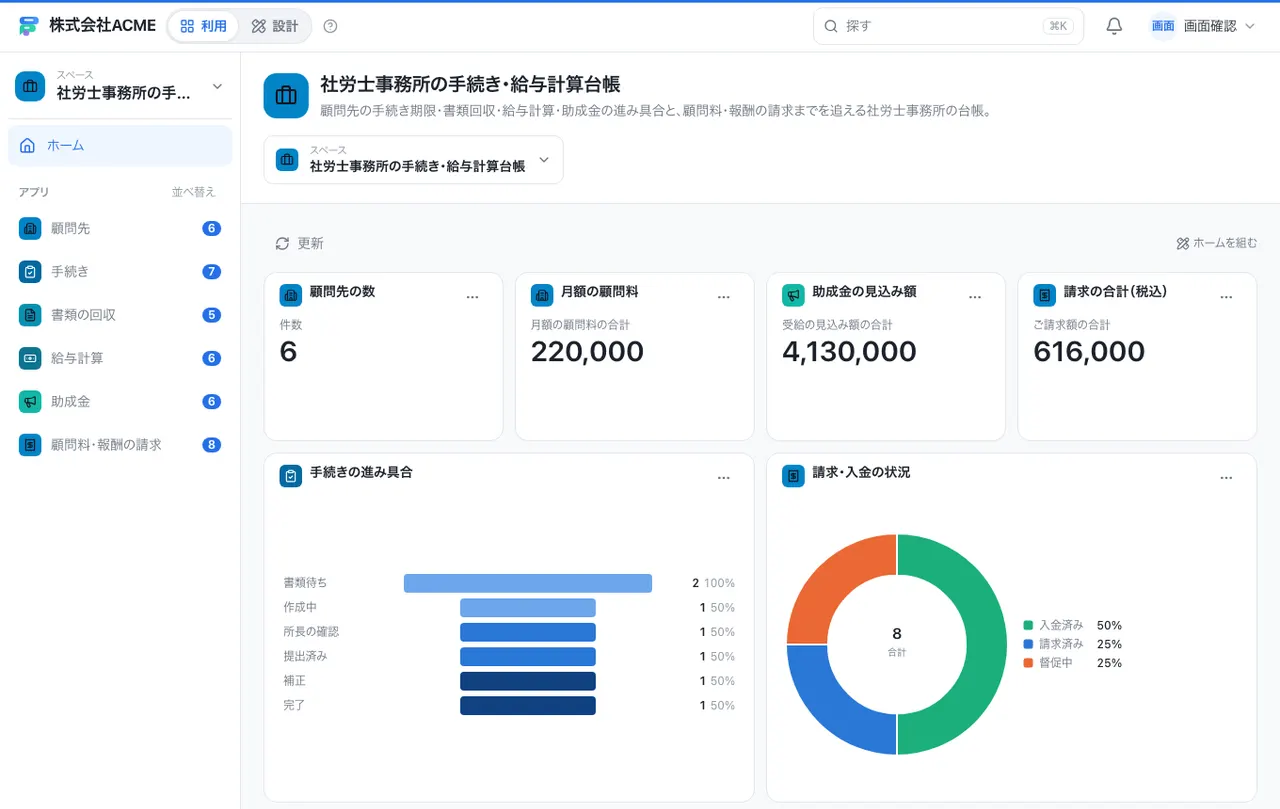 社労士事務所の手続き・給与計算台帳：ホーム画面（件数・グラフ・ショートカット）