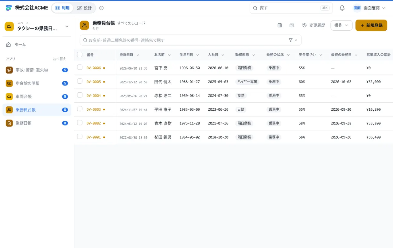 タクシーの乗務日報・納金台帳：別の台帳の一覧画面