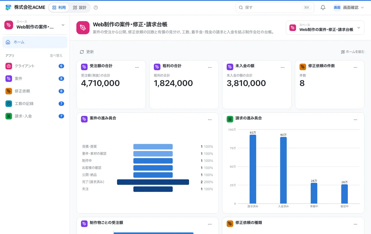 Web制作の案件・修正・請求台帳:ホーム画面(件数・グラフ・ショートカット)