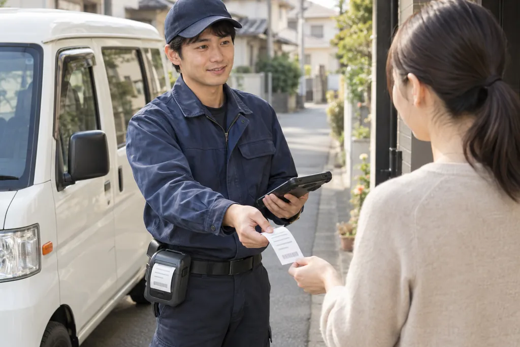 配送の担当者が、腰のモバイルプリンターから出た控えをお客様に渡す