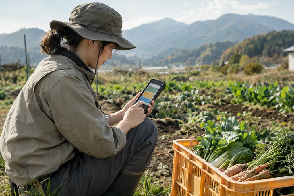 山あいの畑で、スマートフォンに収穫の記録を入れる人