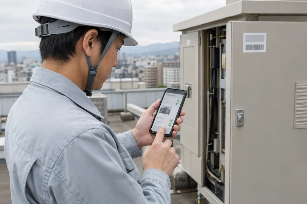 屋上の設備の前で、スマートフォンに点検結果を入れる作業員
