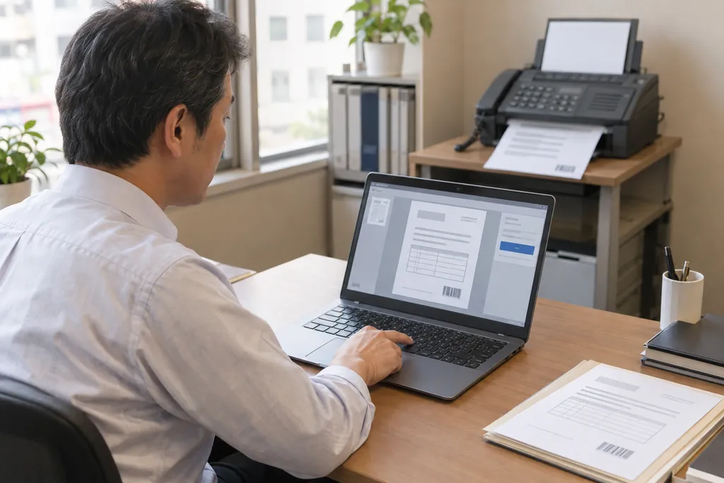 パソコンで発注書を確かめ、後ろの FAX から送られていく様子