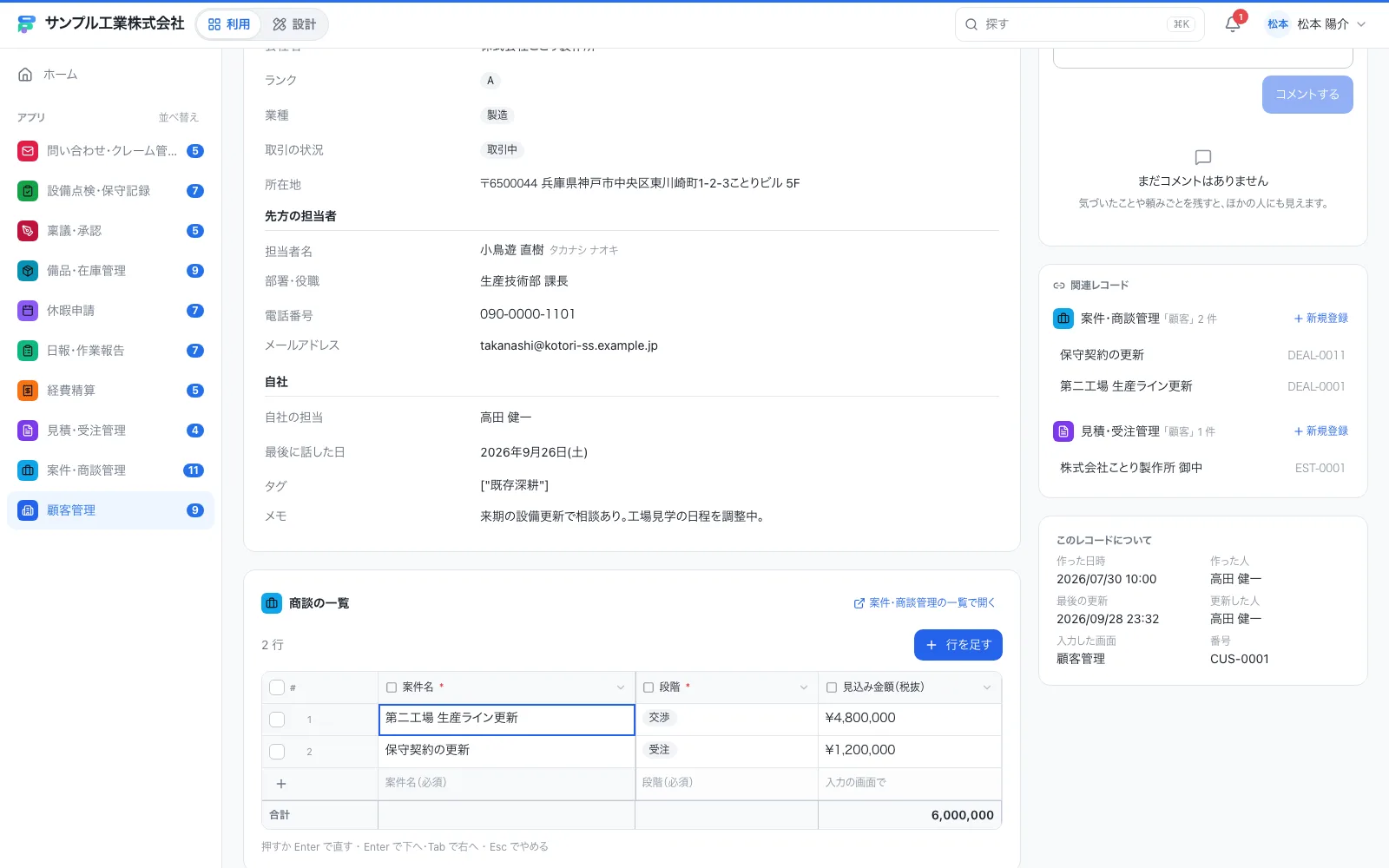 顧客管理(CRM)の1件の画面。右側にコメント・変更履歴・進み具合がまとまる