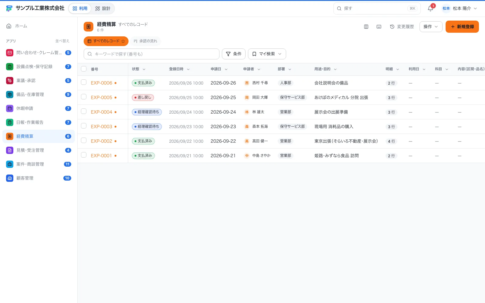 経費精算の一覧画面。列ごとの絞り込み・並べ替え・キーワード検索ができる