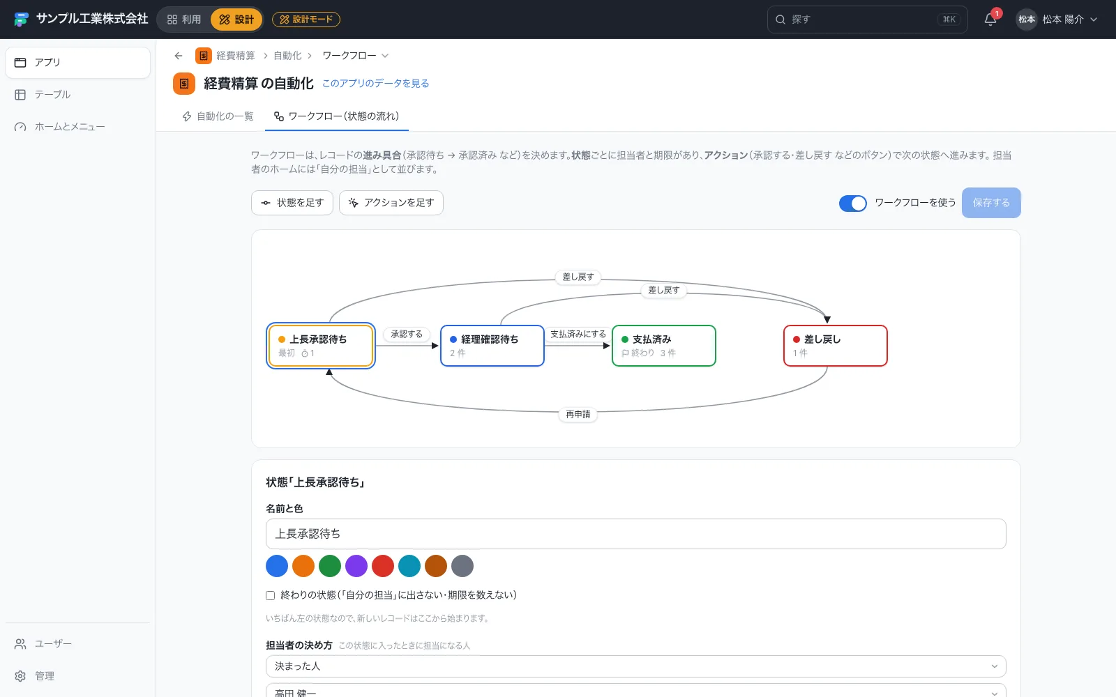 経費精算のワークフロー設定画面。状態の箱をアクションの矢印で結ぶ