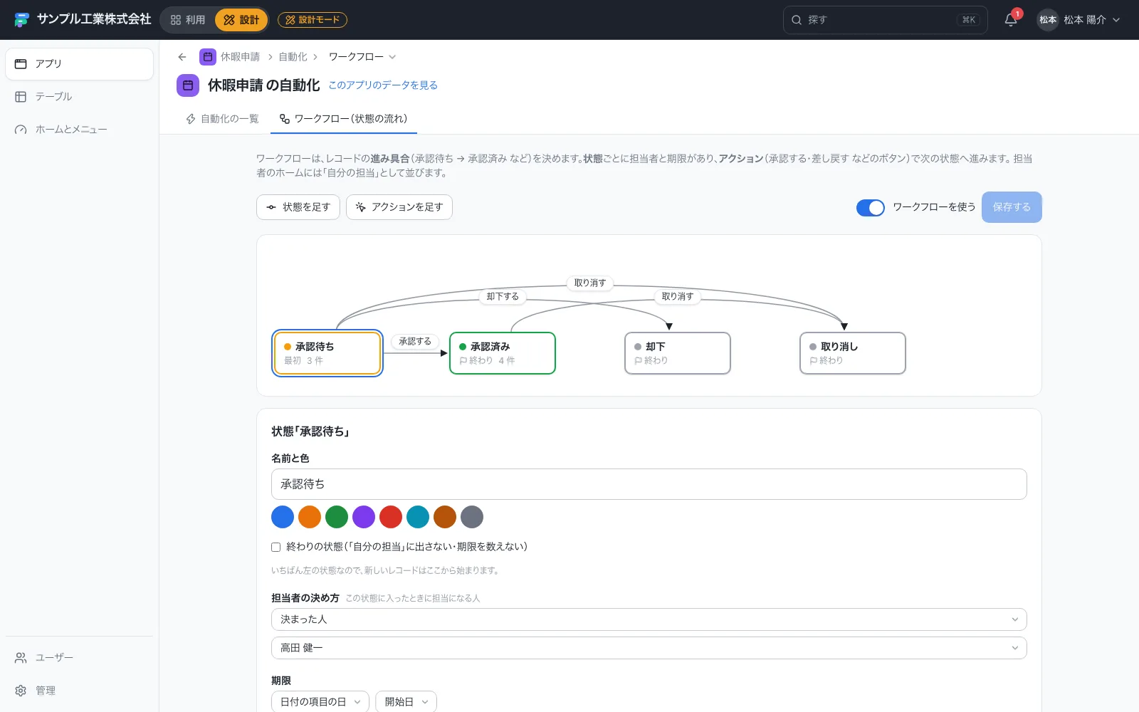 休暇申請のワークフロー設定画面。状態の箱をアクションの矢印で結ぶ