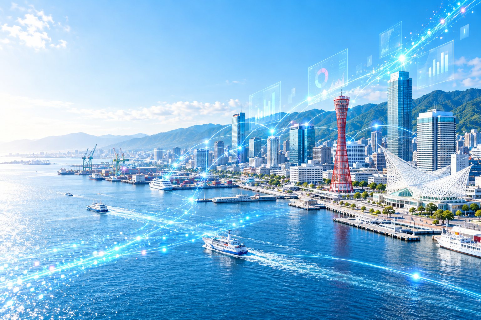 朝の神戸港。ポートタワーや港、ビルを光の通信網がつなぎ、データの粒が前へ流れていく