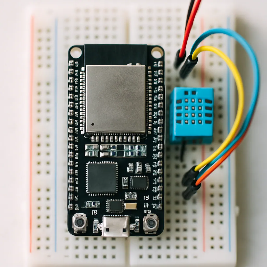 ブレッドボード上のESP32開発ボードとセンサー